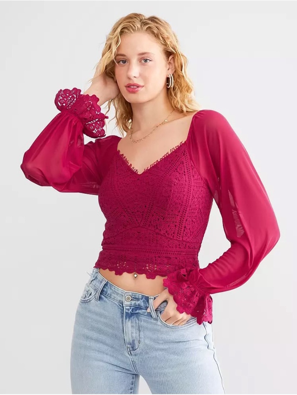 Lace-Trimmed Berry Crochet Sheer-Sleeve Crop Top